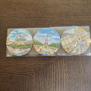 Coasters (6) for drinks depicting Paris streets and monuments. 6 scenes w/cork.